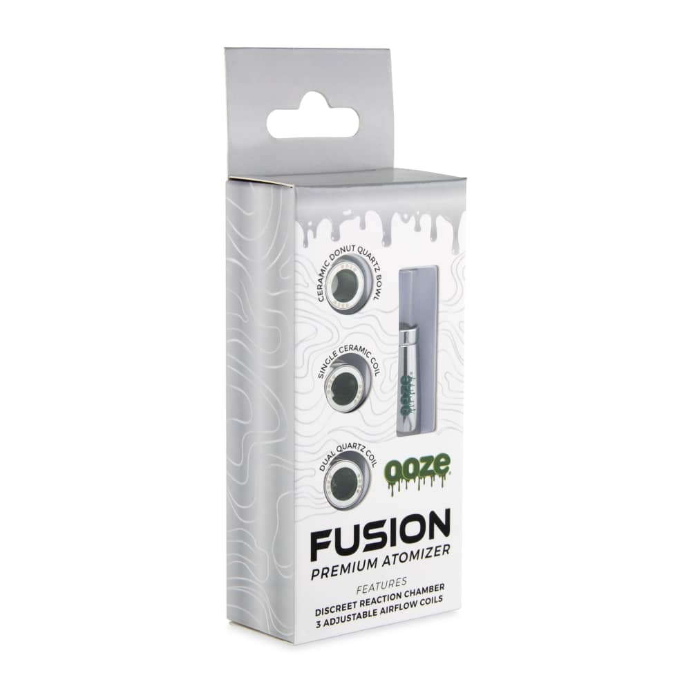 Close-up of the Ooze Fusion Vape Atomizer, with branding visible on a sleek black background.