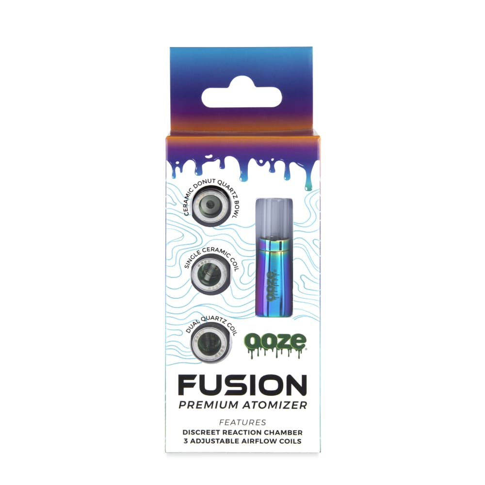 Front view of the Ooze Fusion Vape Atomizer, showcasing its sleek design against a dark, textured backdrop.