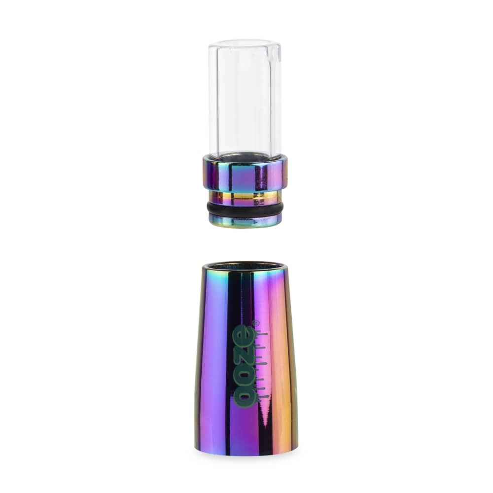 A close-up, angled view of the Ooze Fusion Vape Atomizer, showcasing its metallic and clear glass construction.