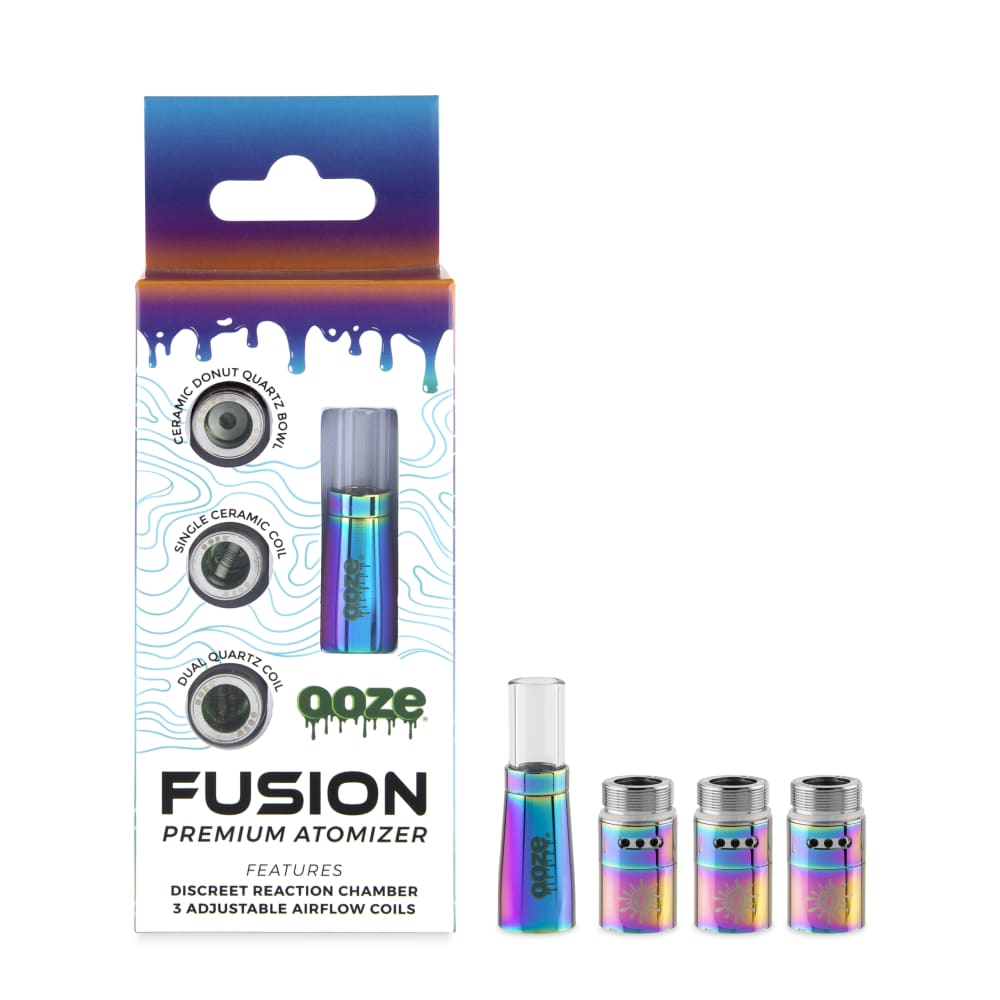 Front view of the Ooze Fusion Vape Atomizer, showcasing a metallic, cylindrical device with a clear glass section, set against a black background.
