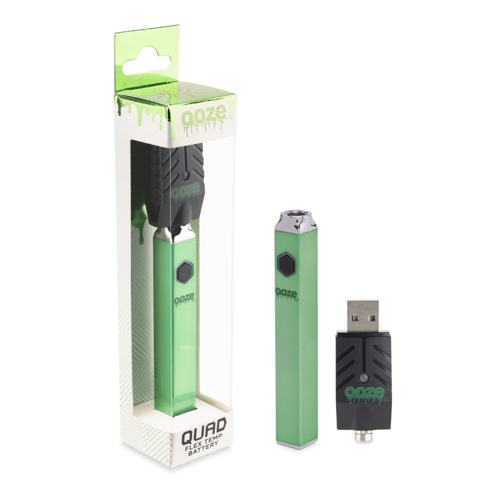 A centered view of the Ooze Quad 510 Thread 500 mAh Square Vape Pen Battery, showcasing its rectangular shape and branded details.