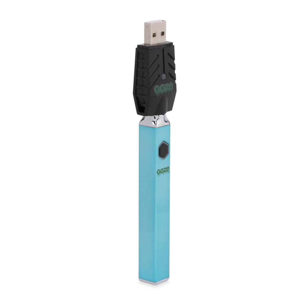 Front view of the Ooze Quad 510 Thread 500 mAh Square Vape Pen Battery, showing its sleek, square black design against a white backdrop.