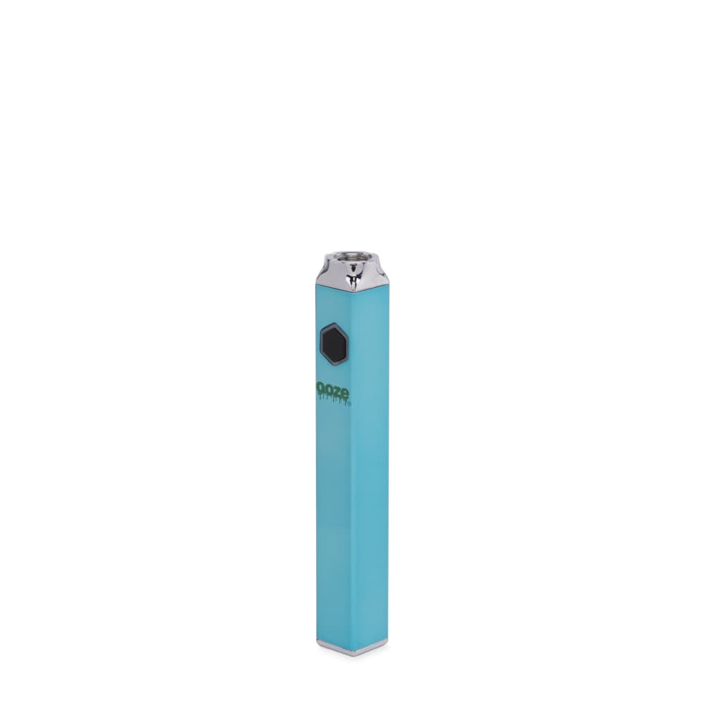 Front view of the Ooze Quad 510 Thread 500 mAh Square Vape Pen Battery, showcasing its silver finish and rectangular shape against a plain white background.