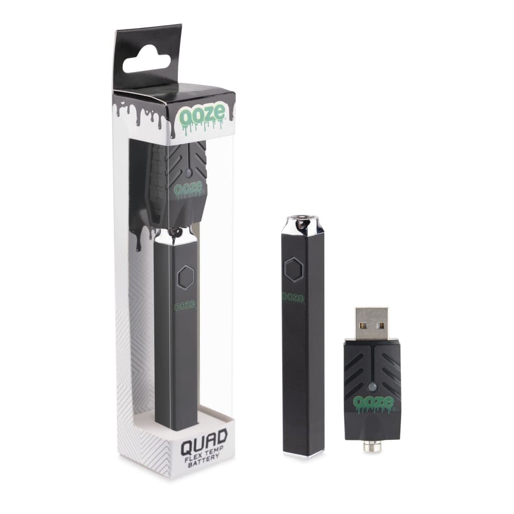 Front view of the Ooze Quad 510 Thread 500 mAh Square Vape Pen Battery packaged on a card with the brand logo.