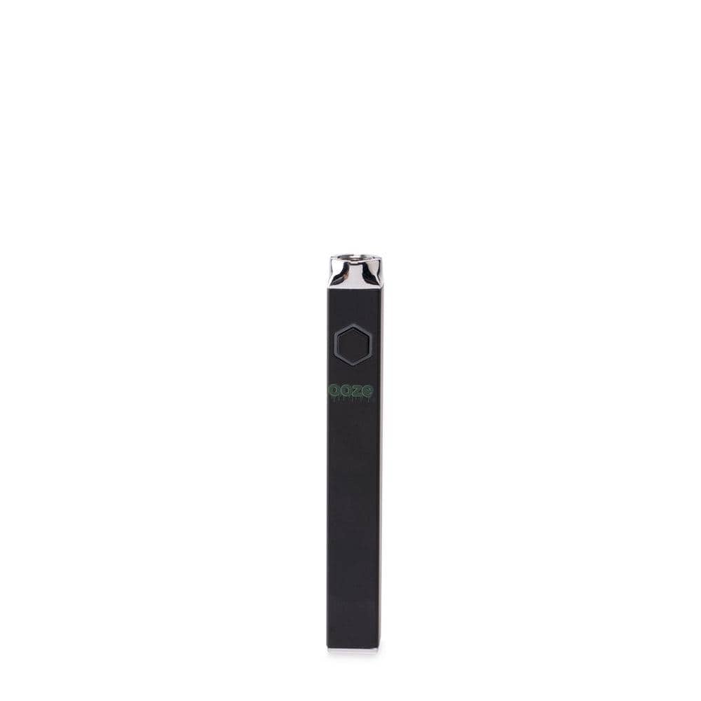 A straight-on view of the black Ooze Quad 510 Thread 500 mAh Square Vape Pen Battery, showcasing its minimalist, rectangular design.