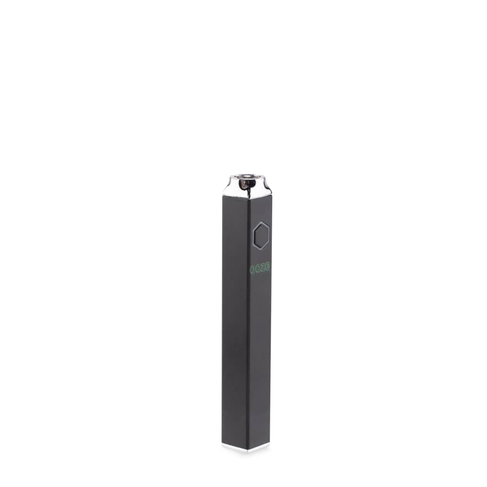 A slightly angled studio shot of the Ooze Quad 510 Thread 500 mAh Square Vape Pen Battery, showcasing its minimalist black square design.