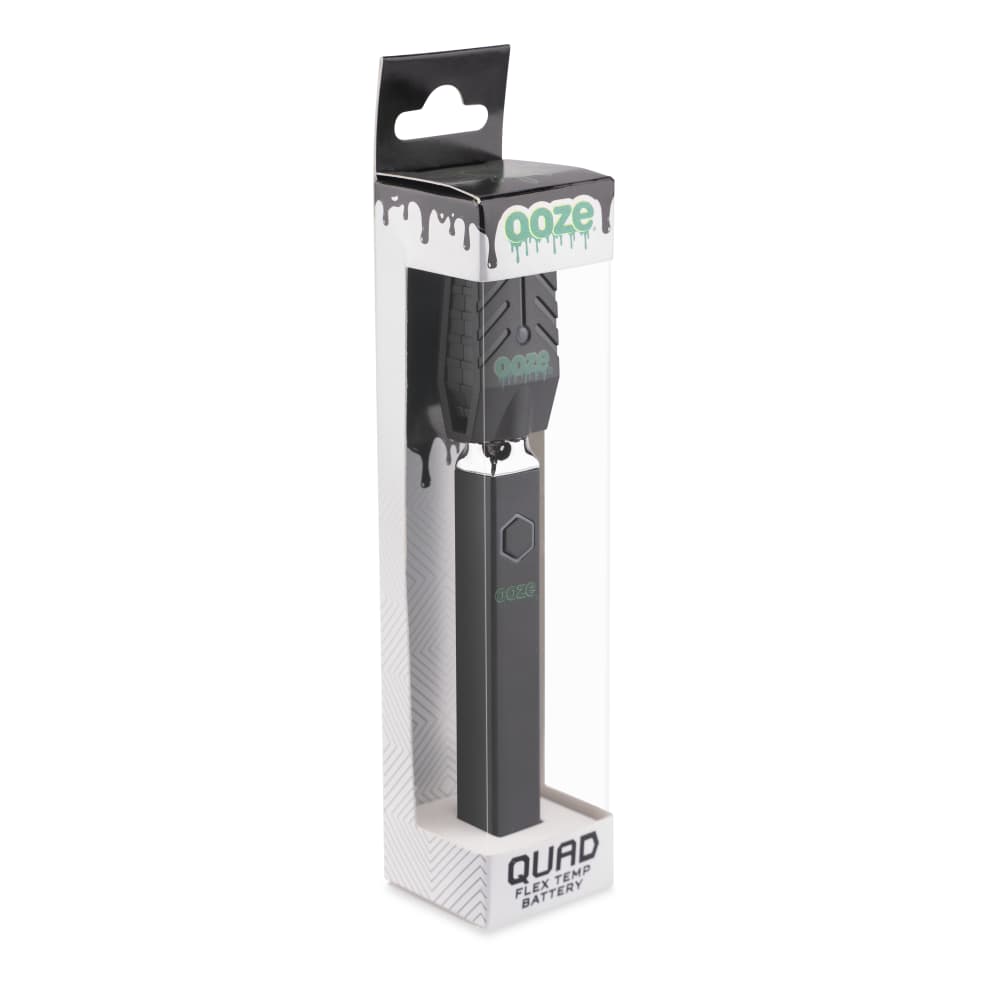 Front view of the Ooze Quad 510 Thread 500 mAh Square Vape Pen Battery, showcasing its black rectangular design with a silver accent.