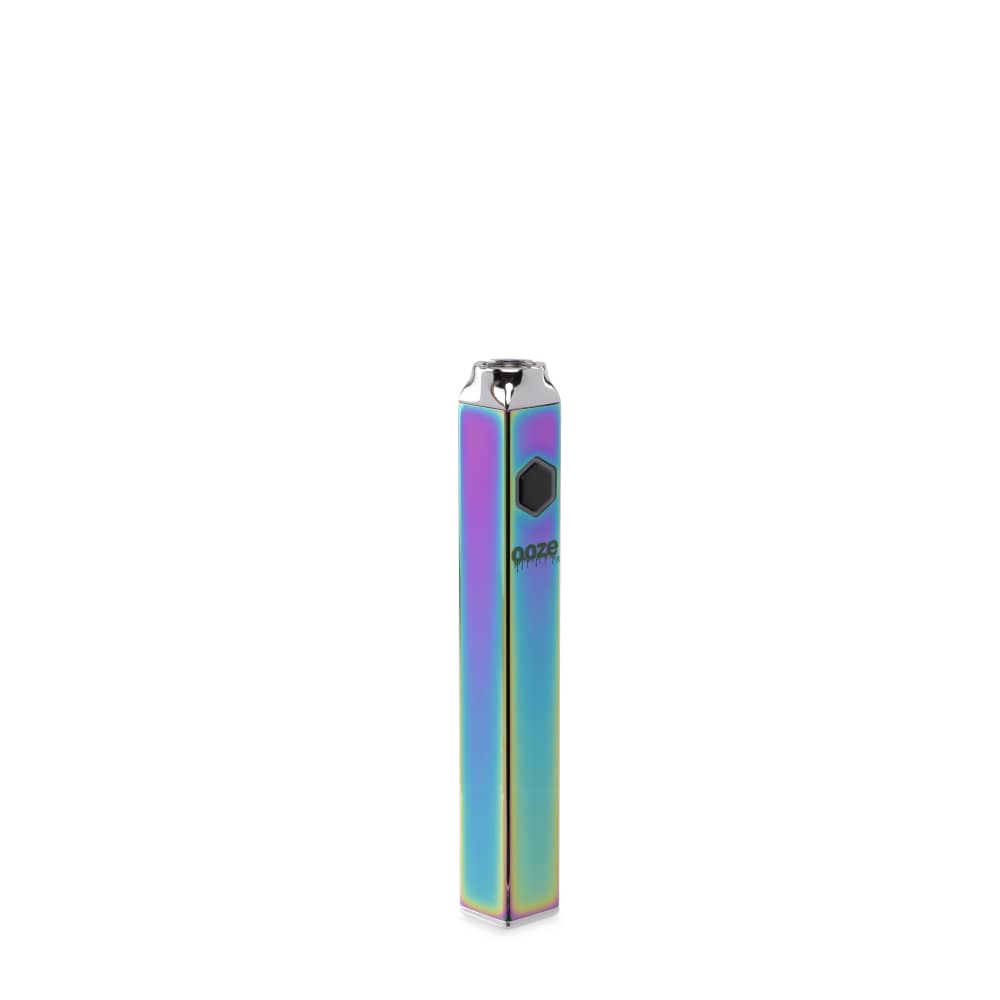 A close-up, angled view of the Ooze Quad 510 Thread 500 mAh Square Vape Pen Battery with a sleek, metallic finish.
