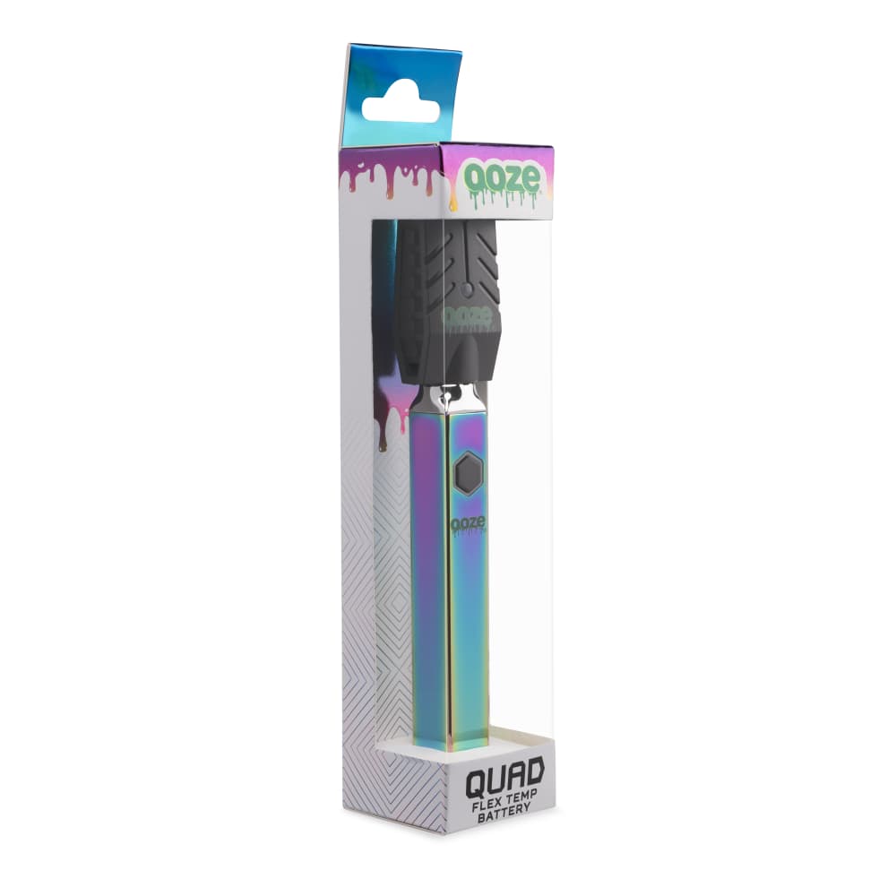 A slightly angled, close-up view of the Ooze Quad 510 Thread 500 mAh Square Vape Pen Battery, showcasing its compact, square design.