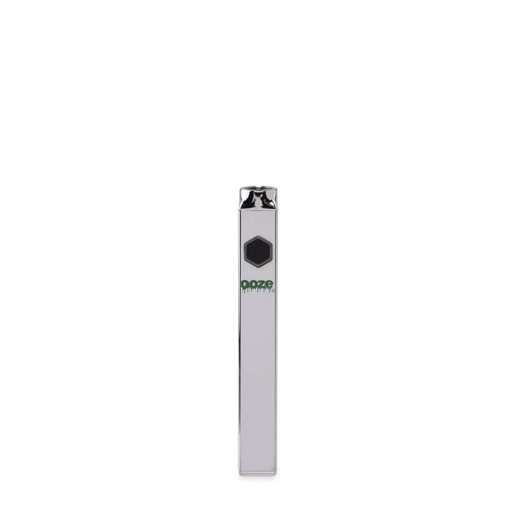 A straight-on view of the Ooze Quad 510 Thread 500 mAh Square Vape Pen Battery, showcasing its slim, rectangular silver finish.