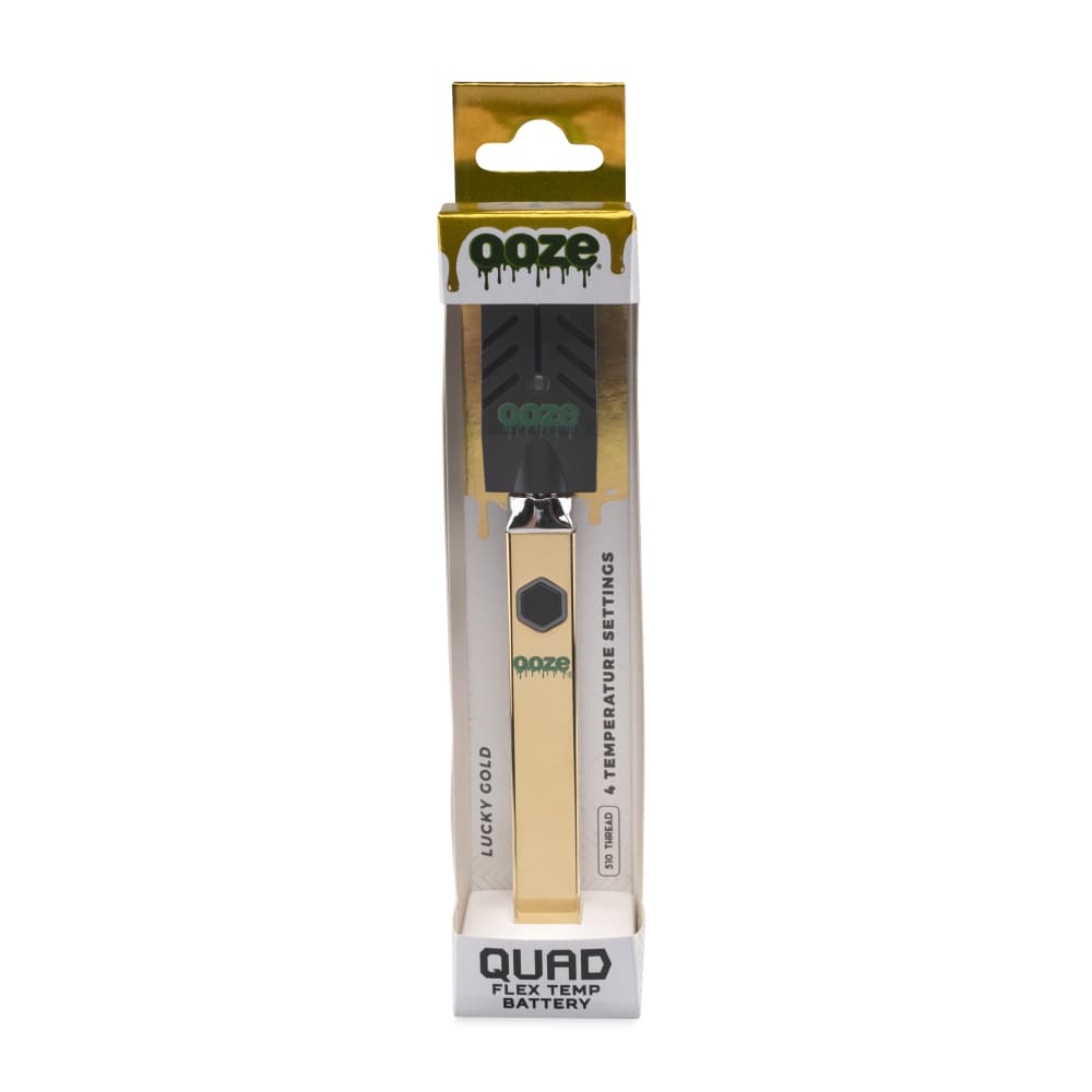 A front view of the Ooze Quad 510 Thread 500 mAh Square Vape Pen Battery, displaying a clean, square design with a metallic finish.