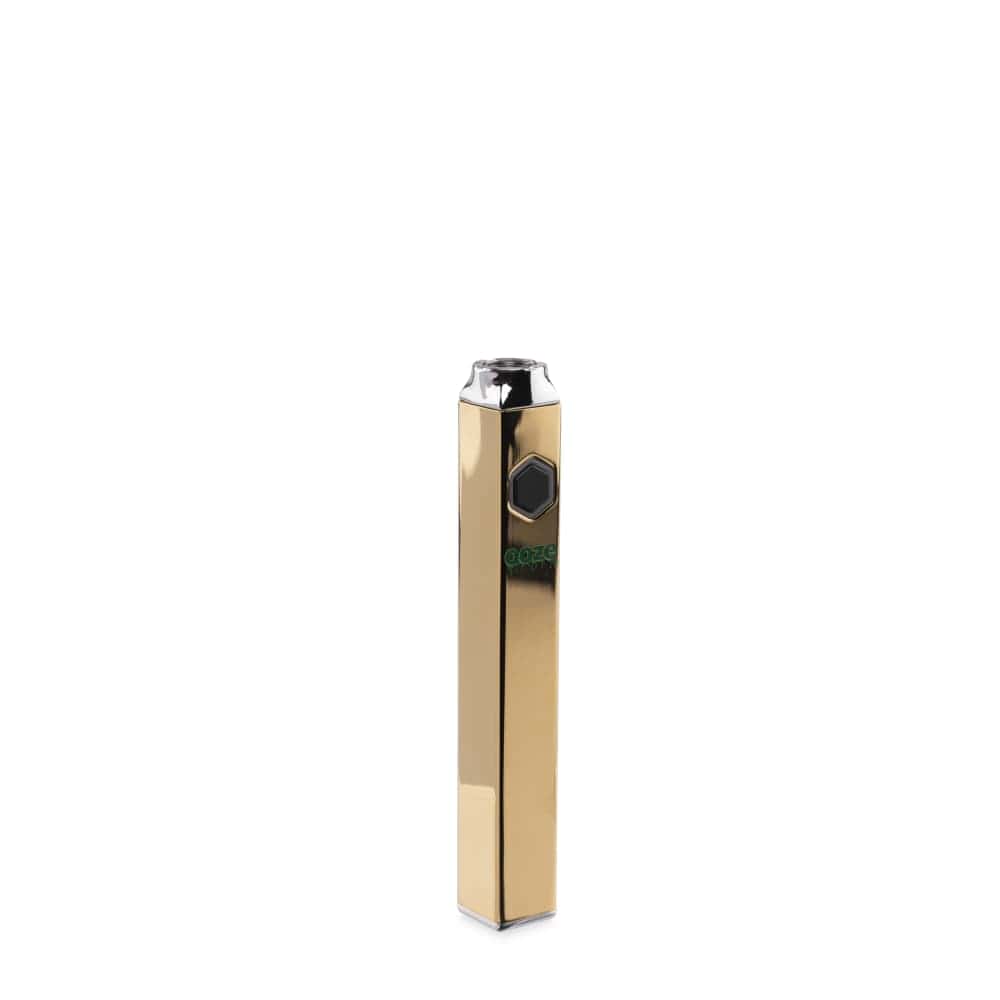 A studio shot of the Ooze Quad 510 Thread 500 mAh Square Vape Pen Battery, showcasing its sleek, square gold finish.