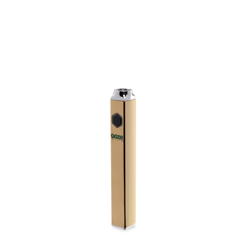 A centered, studio shot of the Ooze Quad 510 Thread 500 mAh Square Vape Pen Battery in a metallic gold finish.