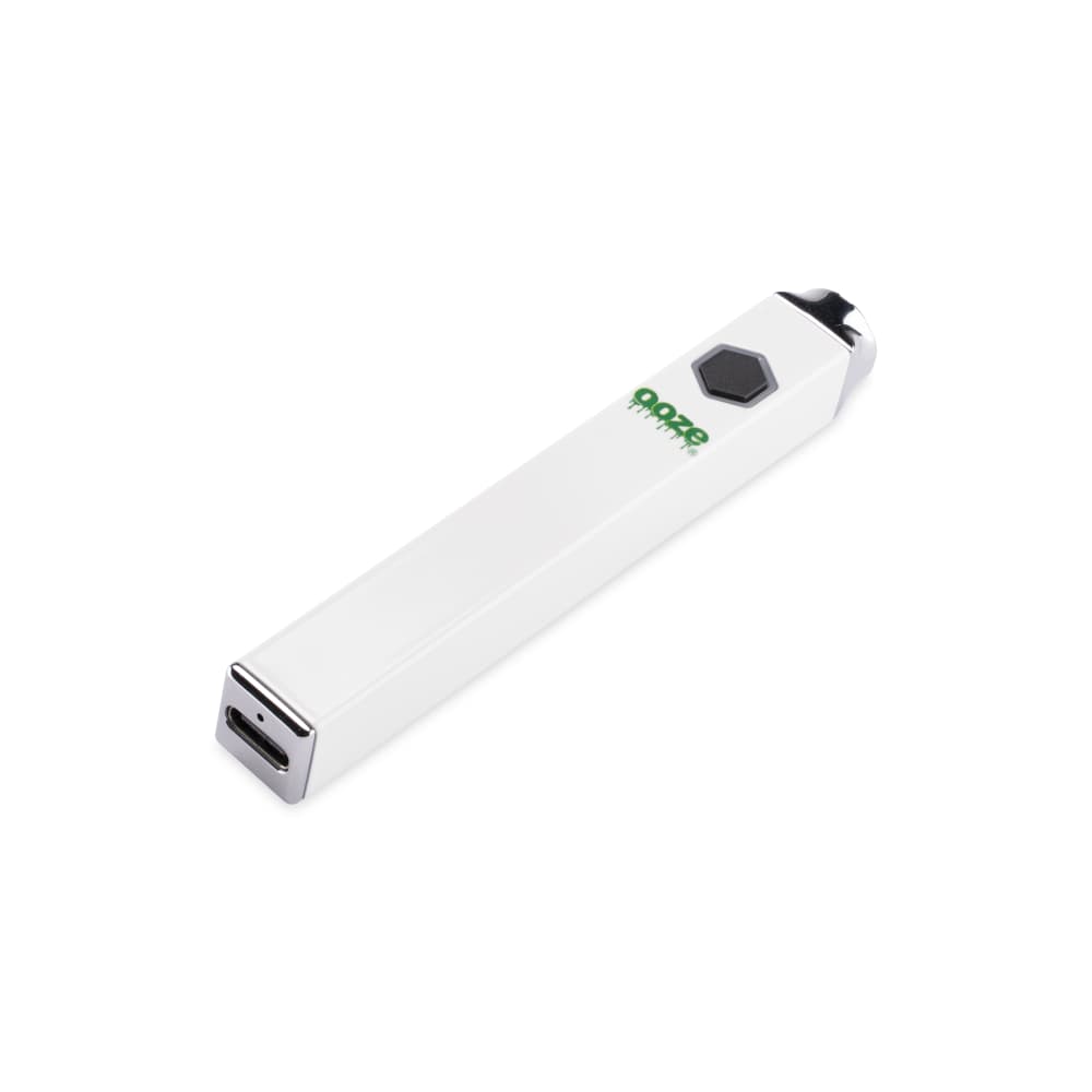 A diagonal view of the Ooze Quad 510 Thread 500 mAh Square Vape Pen Battery, displaying its square shape and silver finish.