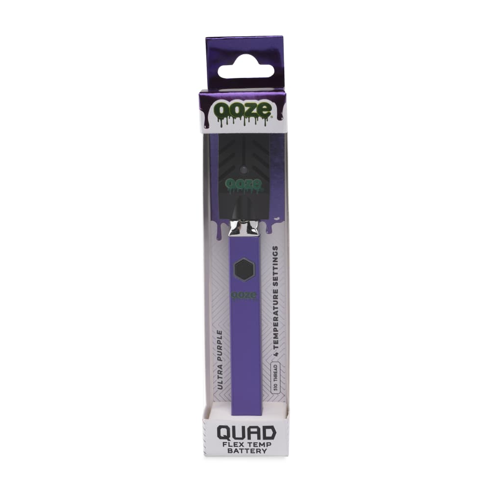 Front view of the Ooze Quad 510 Thread 500 mAh Square Vape Pen Battery, with branding visible on its black finish.