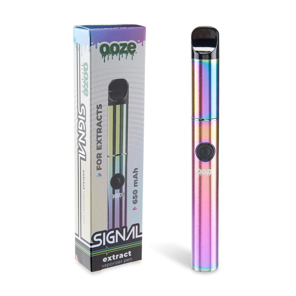 A studio shot of the Ooze Signal 650 mAh Concentrate Vaporizer Pen with a sleek, cylindrical shape and colorful branding details.