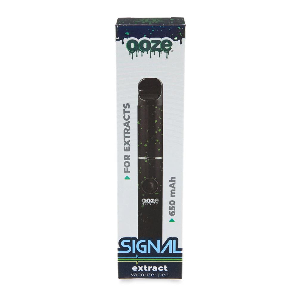 Front view of the Ooze Signal 650 mAh Concentrate Vaporizer Pen, showcasing its sleek, black design against a white background.
