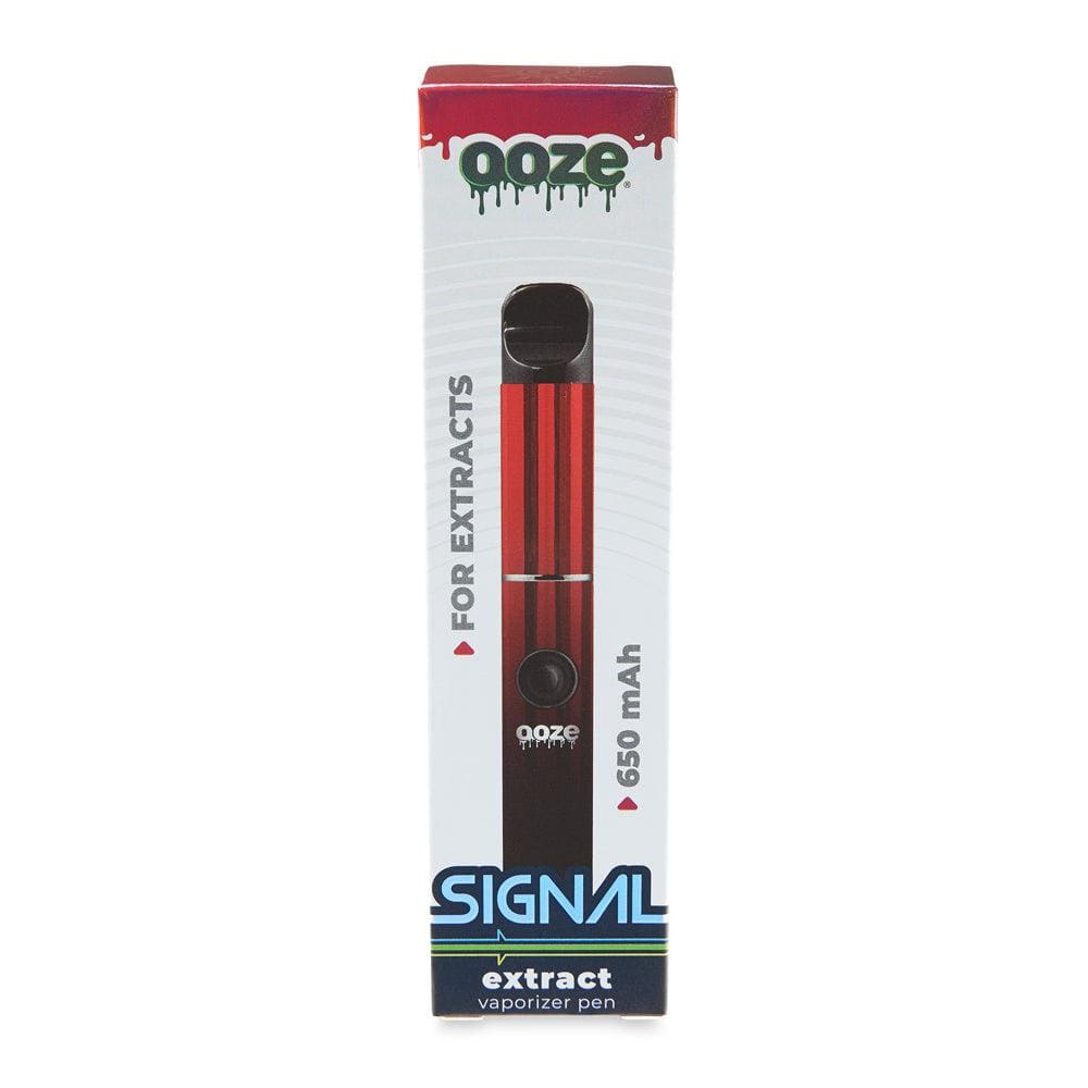 Front view of the Ooze Signal 650 mAh Concentrate Vaporizer Pen, showcasing its black finish and branded packaging.