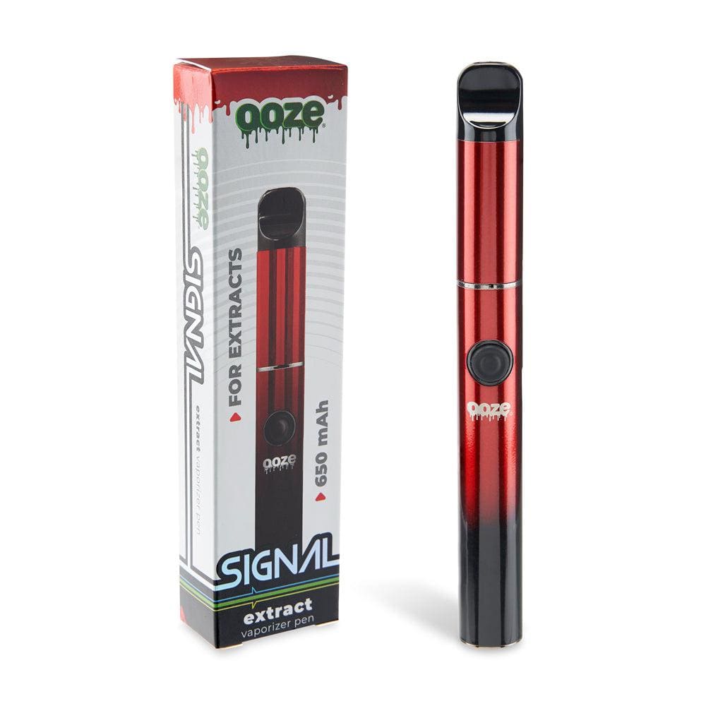A straight-on view of the Ooze Signal 650 mAh Concentrate Vaporizer Pen with text labels on its clear casing.