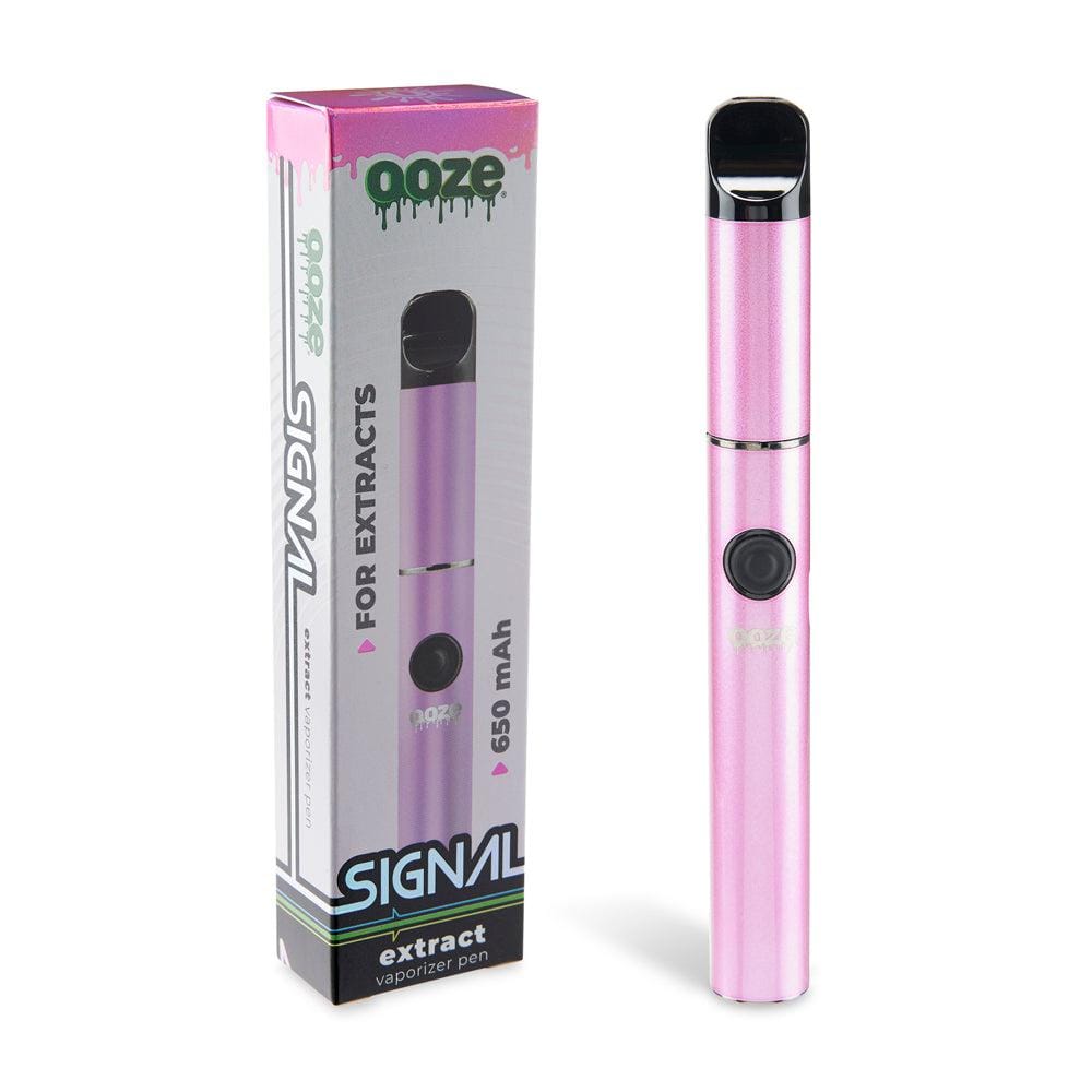 A slightly angled studio shot of the Ooze Signal 650 mAh Concentrate Vaporizer Pen, showing the branding on its silver casing.