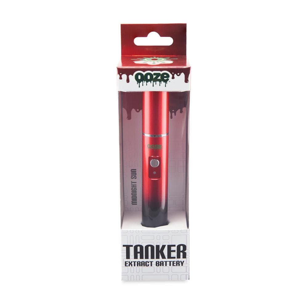 Front view of the Ooze Tanker 510 Thread Thermal Chamber Vaporizer Battery with text on its metallic silver body.