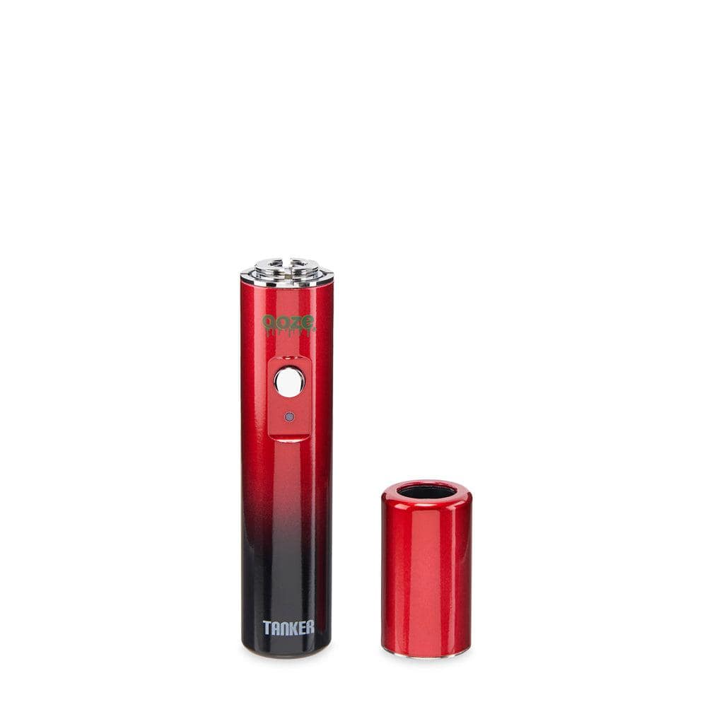 A straight-on view of the Ooze Tanker 510 Thread Thermal Chamber Vaporizer Battery, showcasing its cylindrical shape and metallic finish.