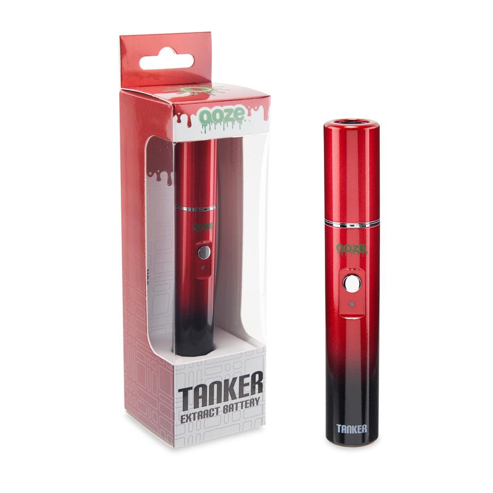 Front view of the Ooze Tanker 510 Thread Thermal Chamber Vaporizer Battery in its packaging, angled slightly with a white backdrop.