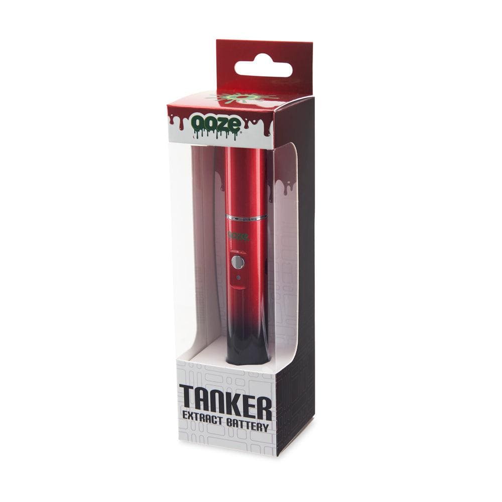 Front view of the Ooze Tanker 510 Thread Thermal Chamber Vaporizer Battery in its packaging, showing a sleek, cylindrical design.