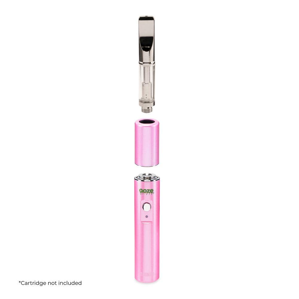 Front view of the Ooze Tanker 510 Thread Thermal Chamber Vaporizer Battery, showcasing its silver metallic finish and cylindrical shape.