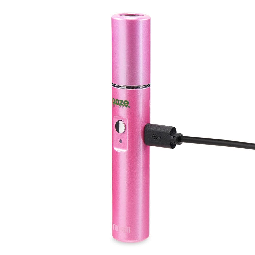 A close-up, angled view of the Ooze Tanker 510 Thread Thermal Chamber Vaporizer Battery, showing its metallic finish and simple cylindrical form.