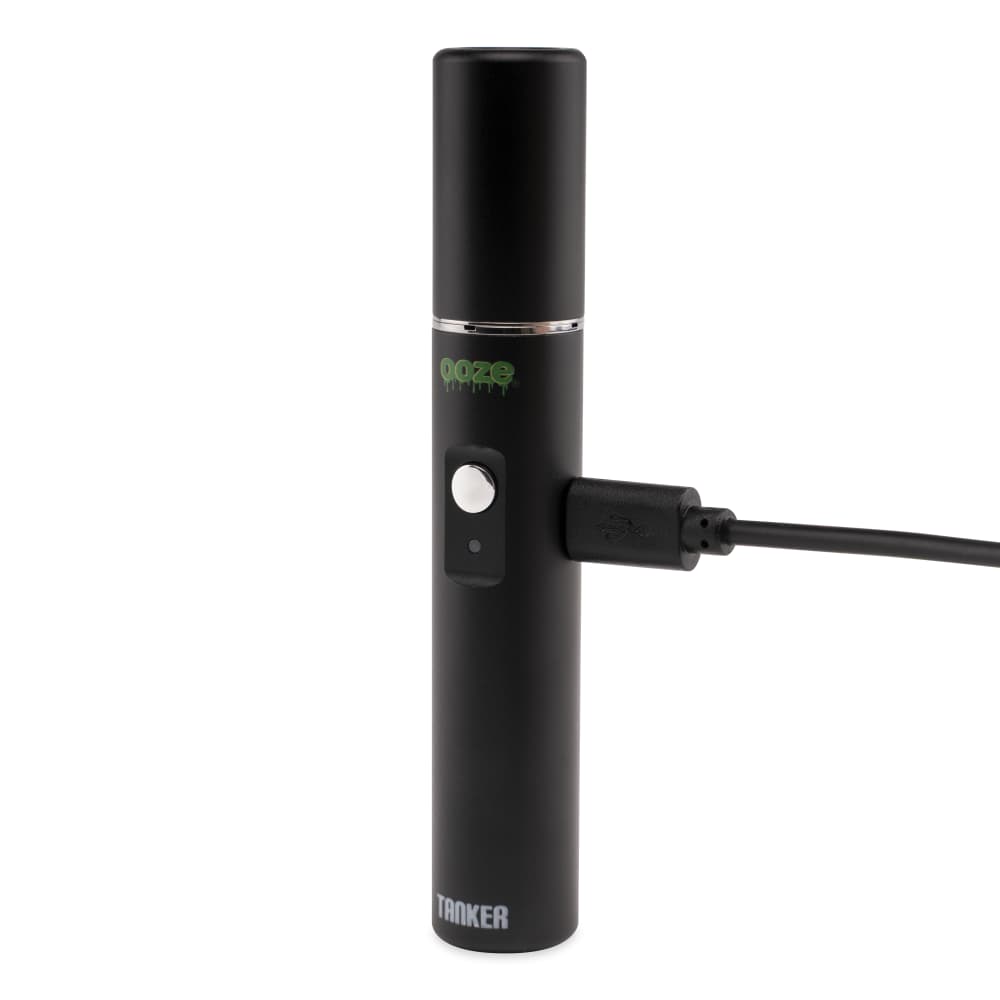 A close-up, angled view of the Ooze Tanker 510 Thread Thermal Chamber Vaporizer Battery, featuring a sleek black finish.