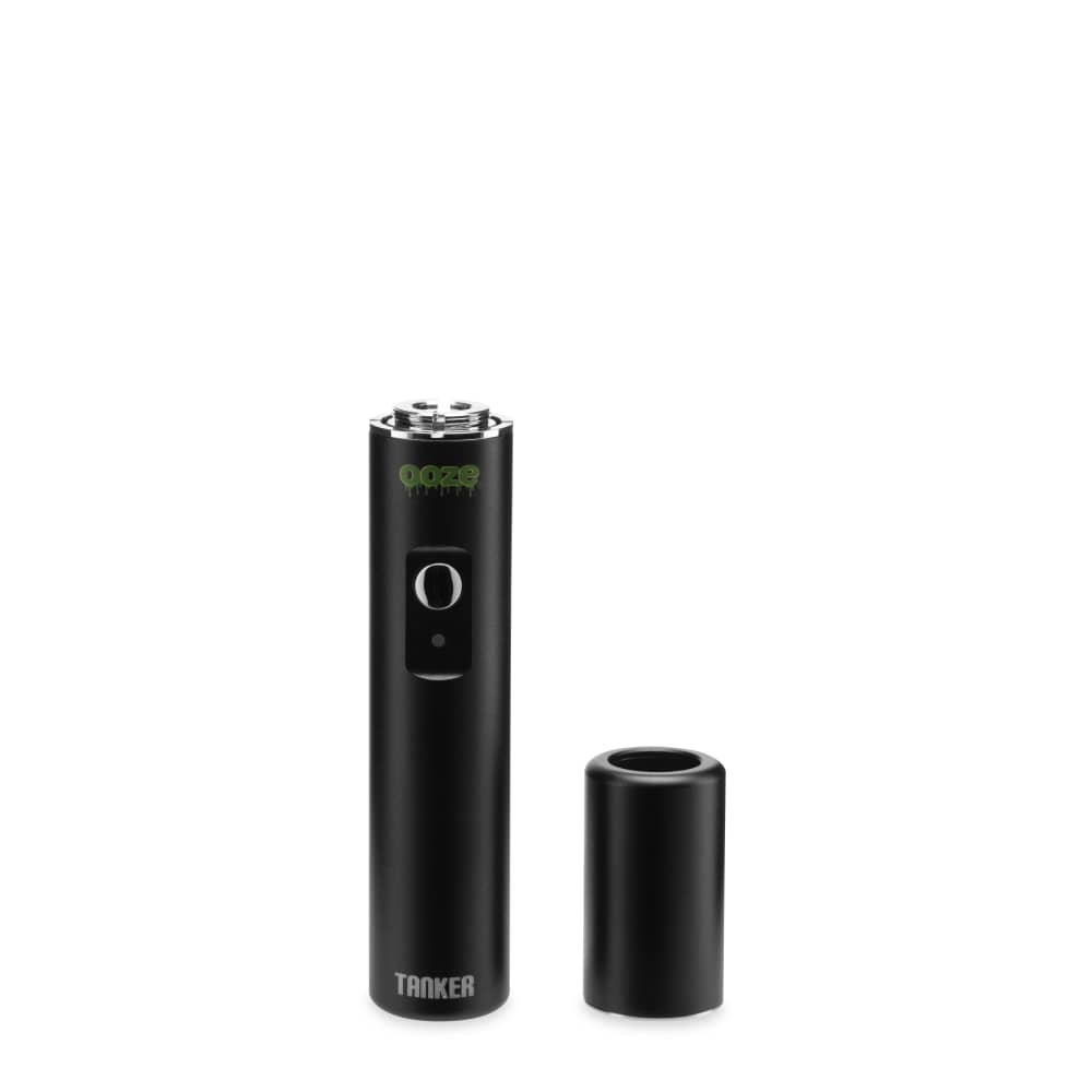 A studio shot of the Ooze Tanker 510 Thread Thermal Chamber Vaporizer Battery, displayed as a sleek, black cylinder on a white background.