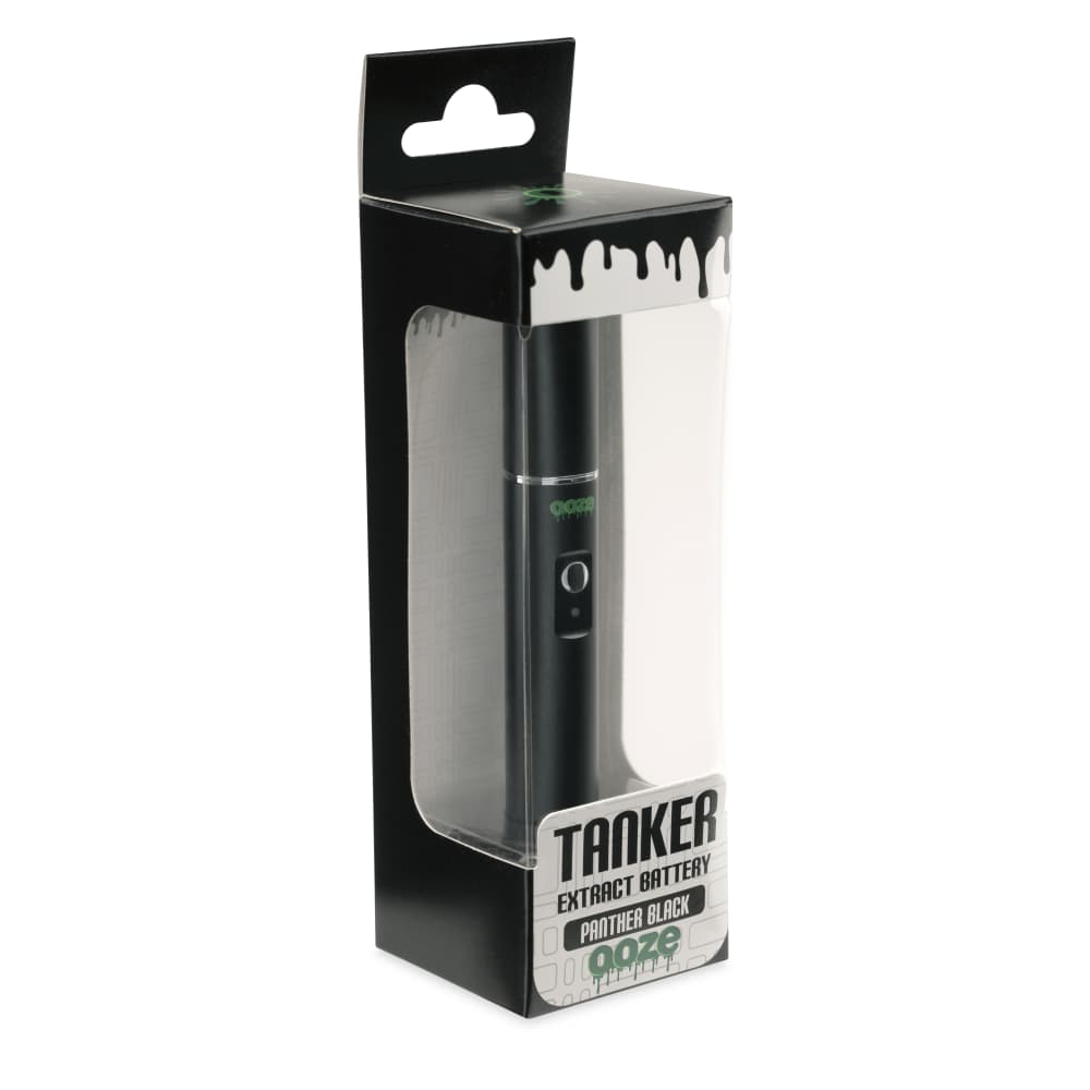Front view of the Ooze Tanker 510 Thread Thermal Chamber Vaporizer Battery, showcasing its sleek black cylindrical design.