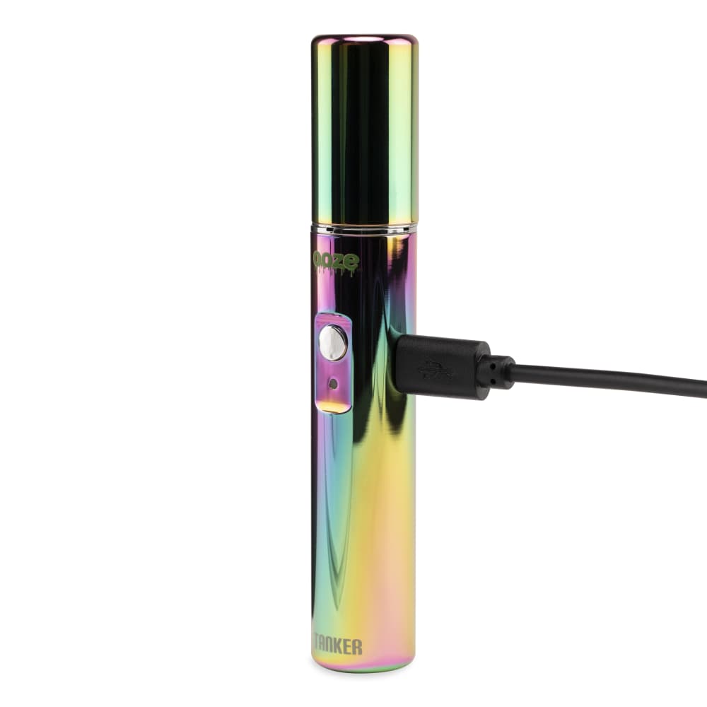 A close-up, angled view of the Ooze Tanker 510 Thread Thermal Chamber Vaporizer Battery with a cable attached, reflecting light on its metallic finish.