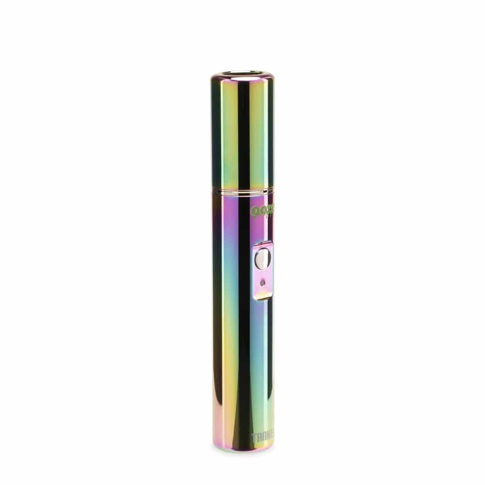 A front view of the Ooze Tanker 510 Thread Thermal Chamber Vaporizer Battery, showcasing its sleek, metallic finish and cylindrical form.