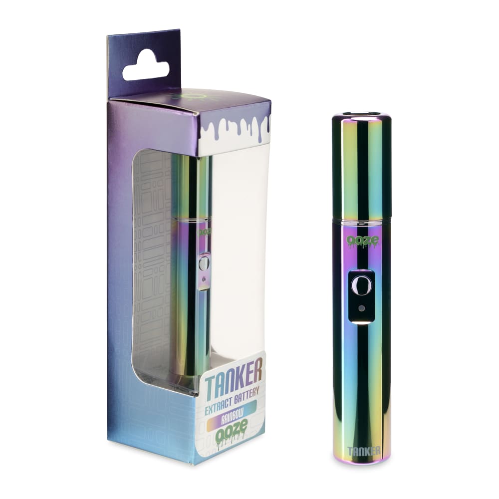 A sleek, silver-toned Ooze Tanker 510 Thread Thermal Chamber Vaporizer Battery is displayed at a slight angle against a dark backdrop.