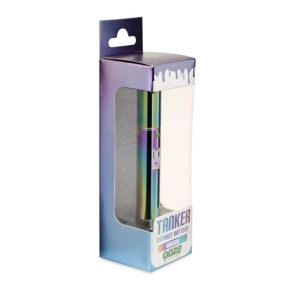 Front view of the Ooze Tanker 510 Thread Thermal Chamber Vaporizer Battery, displayed in packaging with a reflective, iridescent finish.