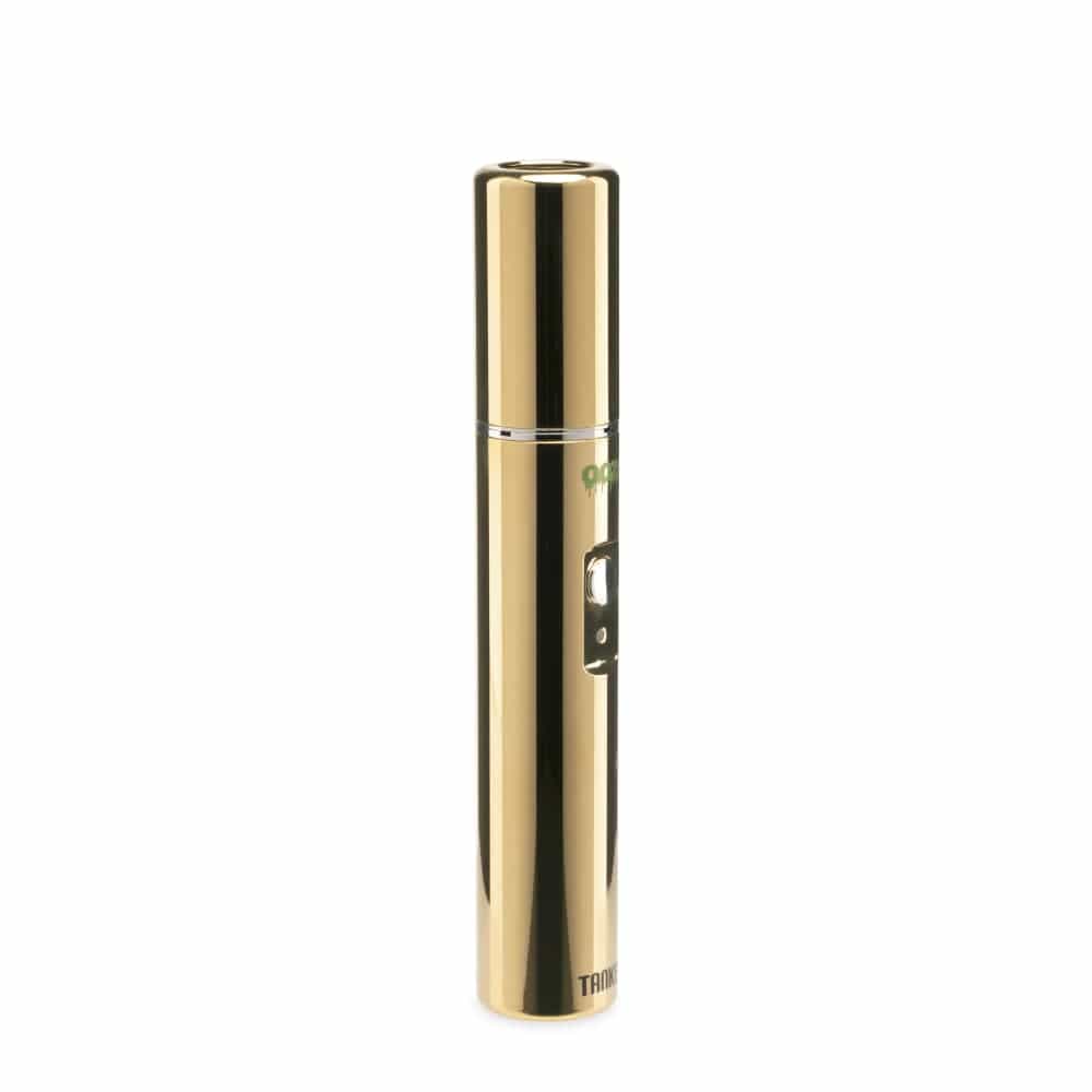 A straight-on view of the Ooze Tanker 510 Thread Thermal Chamber Vaporizer Battery, showcasing its metallic finish and sleek cylindrical shape.