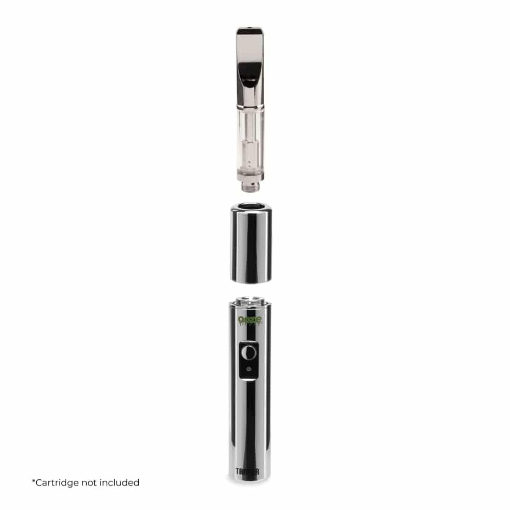 Front view of the Ooze Tanker 510 Thread Thermal Chamber Vaporizer Battery with its mouthpiece detached, showcasing a metallic silver finish.