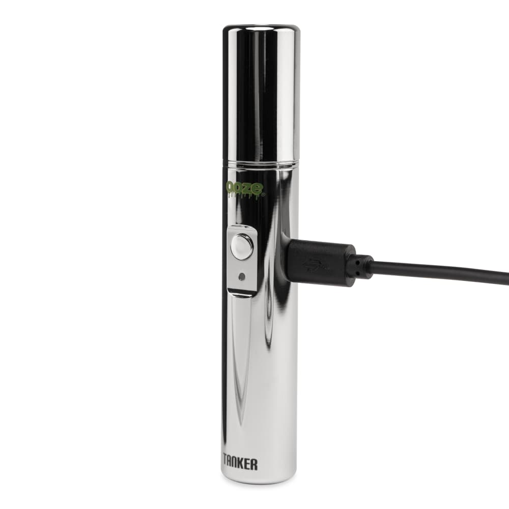 A slightly angled, close-up view of the Ooze Tanker 510 Thread Thermal Chamber Vaporizer Battery, showing its metallic finish and sleek cylindrical form.