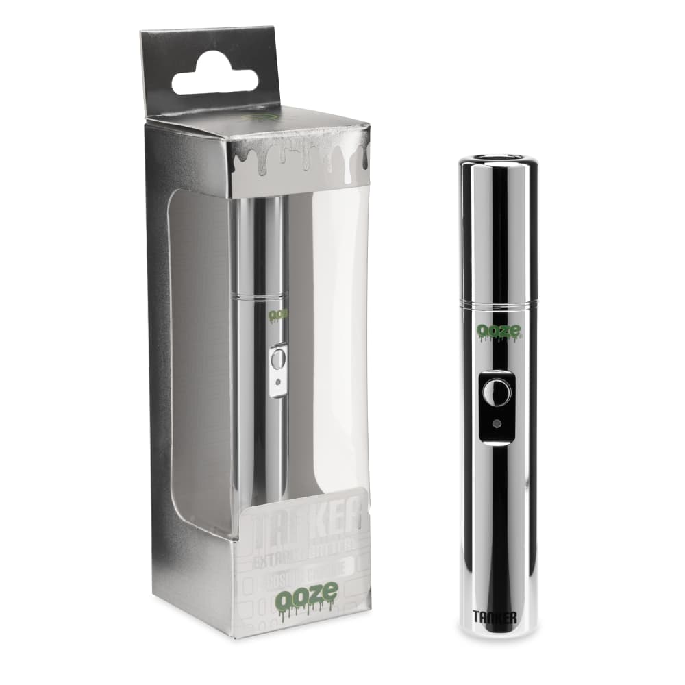 Front view of the Ooze Tanker 510 Thread Thermal Chamber Vaporizer Battery, showing its sleek, cylindrical shape and metallic finish.