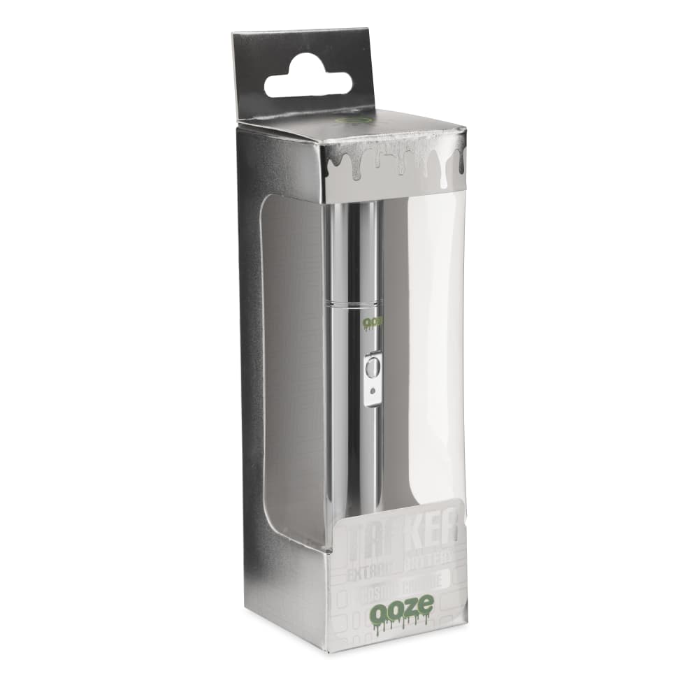 Front view of the Ooze Tanker 510 Thread Thermal Chamber Vaporizer Battery in its clear packaging, highlighting its sleek, cylindrical design.