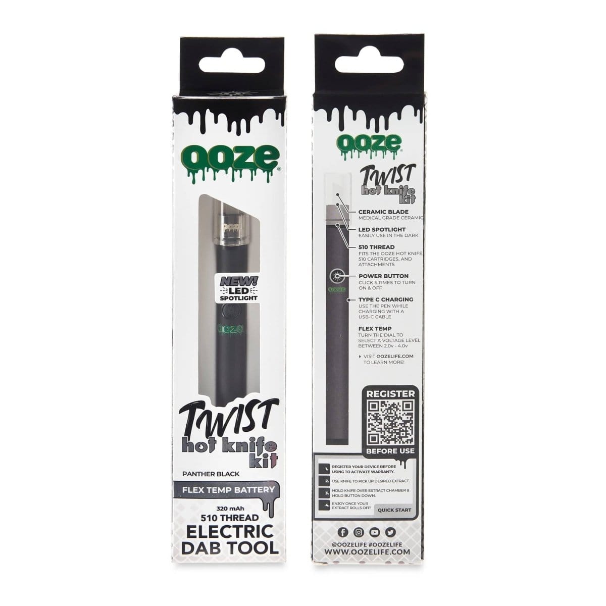 Close-up of the Ooze Twist Hot Knife Kit – New LED Spotlight, highlighting the product’s sleek black design and informational graphics.