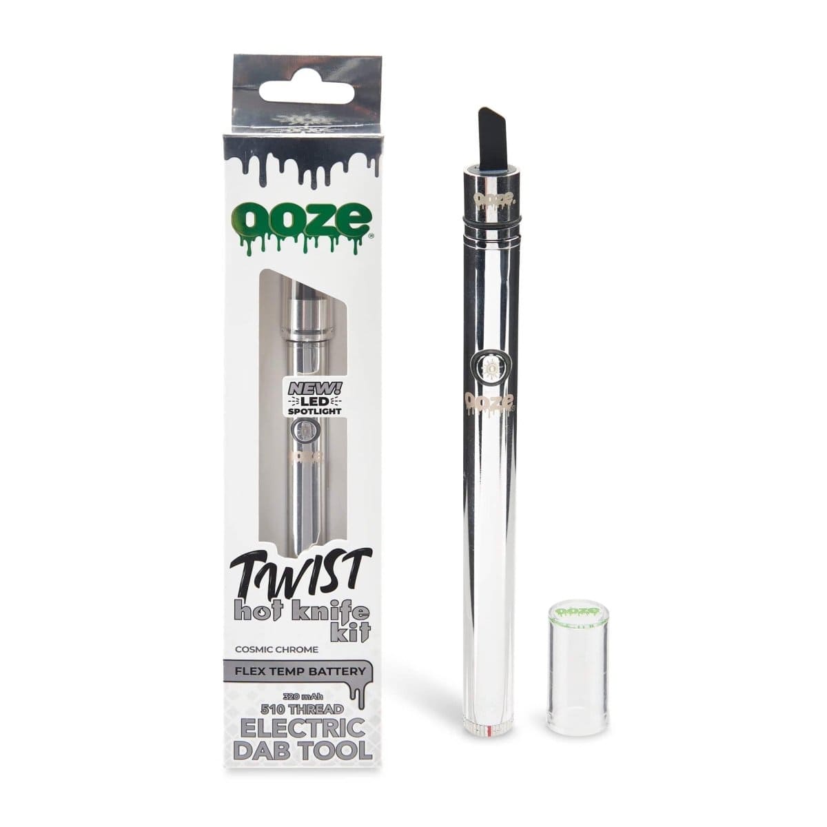 Front view of the Ooze Twist Hot Knife Kit with an LED spotlight illuminating the metallic tool against a dark background.