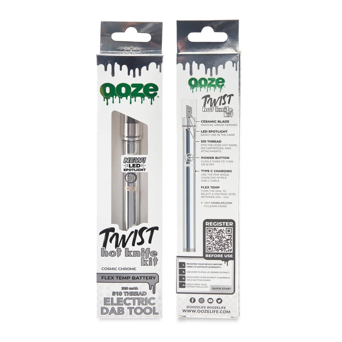Front view of the Ooze Twist Hot Knife Kit, displaying its packaging with “New LED Spotlight” text and a QR code.