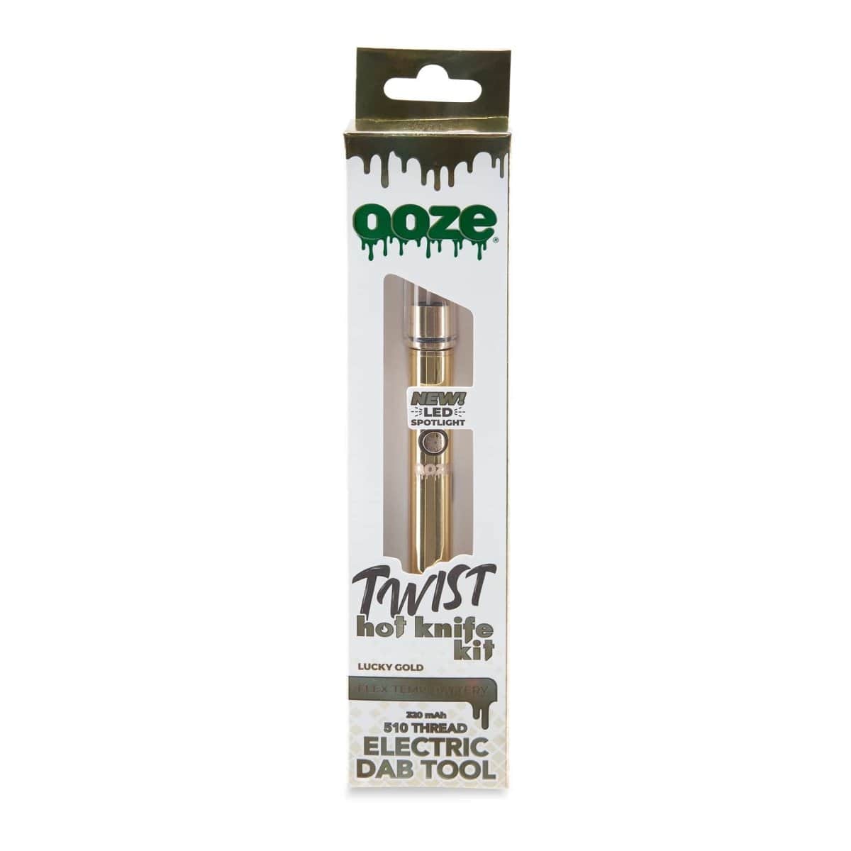 Front view of the Ooze Twist Hot Knife Kit with a new LED spotlight, showcasing its sleek design against a dark background.