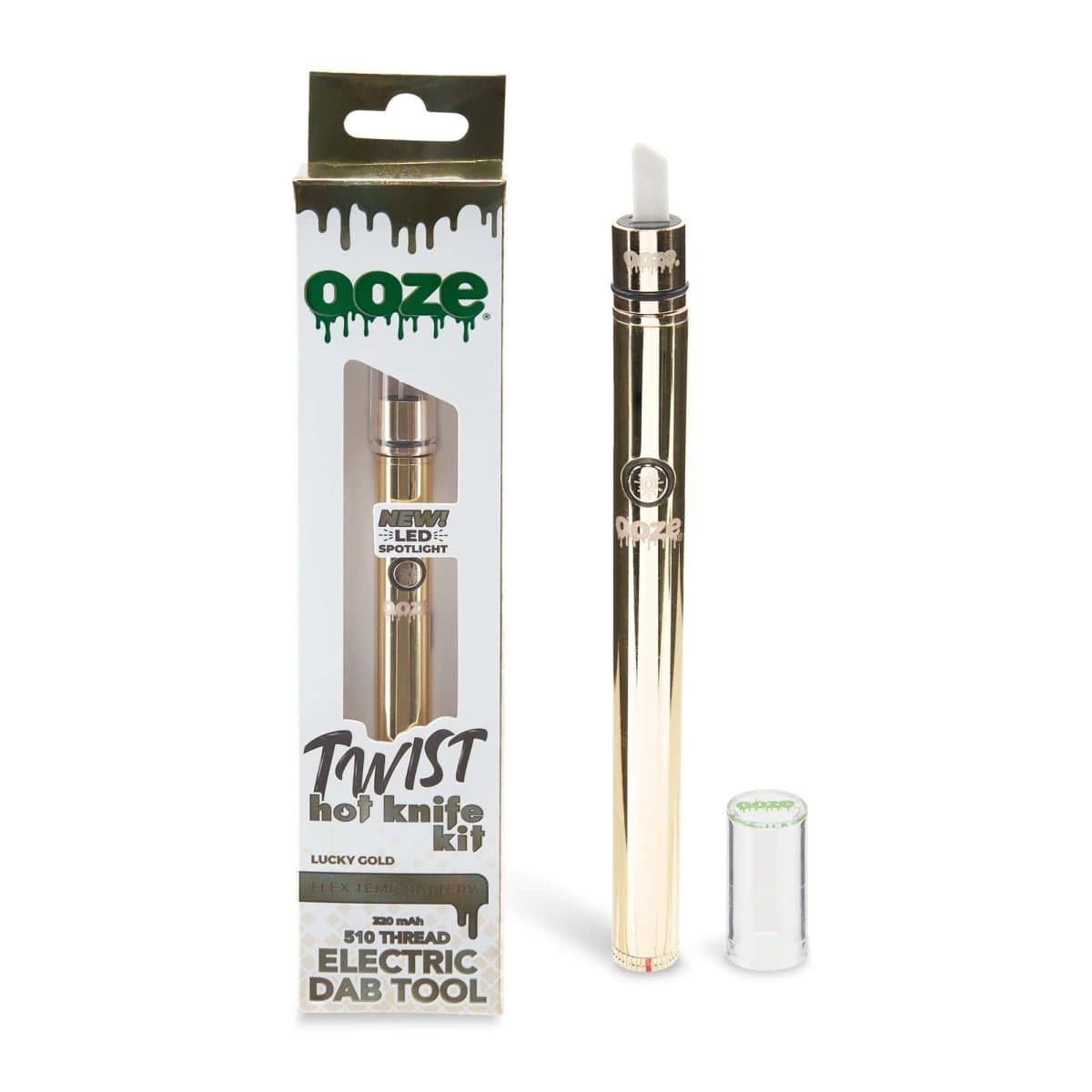 Front view of the Ooze Twist Hot Knife Kit, showcasing its silver metal body with a clear, illuminated tip.