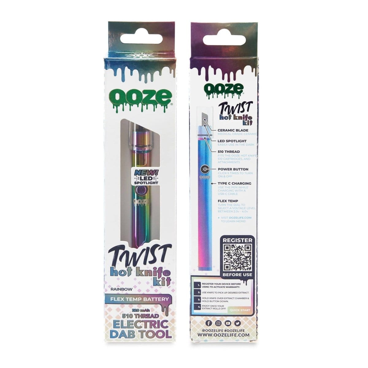 Front view of the Ooze Twist Hot Knife Kit, featuring a new LED spotlight design against a black background.