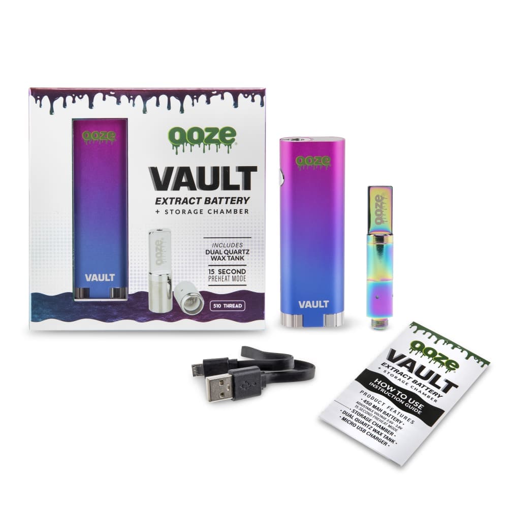 The Ooze Vault Extract Battery with Storage Chamber is displayed at a slight angle with its packaging, highlighting the product details.