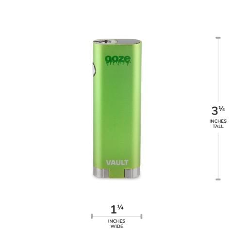 Front view of the Ooze Vault Extract Battery with Storage Chamber, showing its sleek, green design.